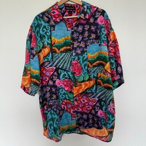 Vintage Silk Club Shirt Mens Large Colorful Floral Landscape Art AOP Button Up